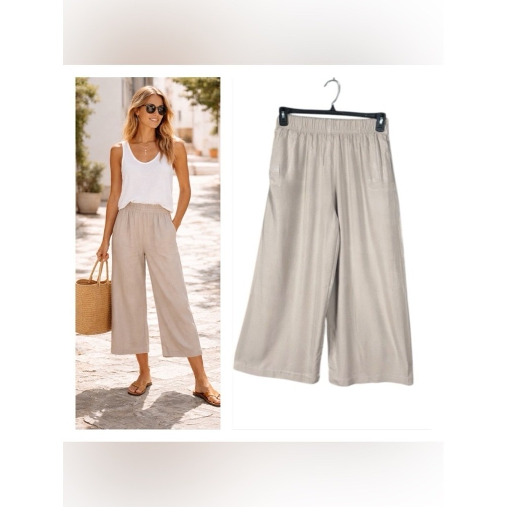 H&M Womens Wide Leg Crop Pants Small Beachy Coastal Euro Summer Neutral Resort